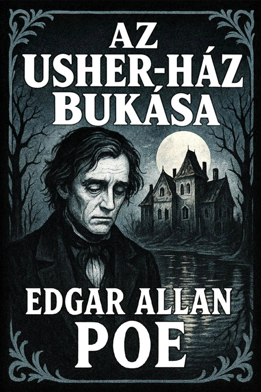 A book cover for 'Az Usher-ház bukása' by Edgar Allan Poe, featuring a dark, gothic illustration of a man's portrait, a haunted house at night under a full moon, and large white title text on a black background.
