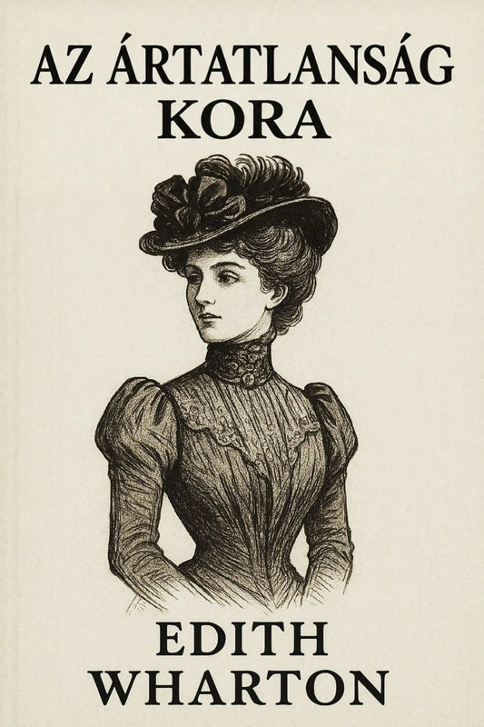 Book cover for 'Az ártatlanság kora' by Edith Wharton, featuring a vintage black ink illustration of a woman in a high-neck dress and hat on an off-white background.