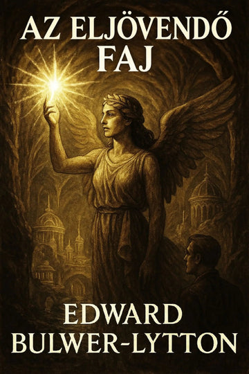 Book cover for 'Az eljövendő faj' by Edward Bulwer-Lytton, featuring a dramatic illustration of an angelic figure with wings holding a bright glowing light, with the title and author name in large cream text.