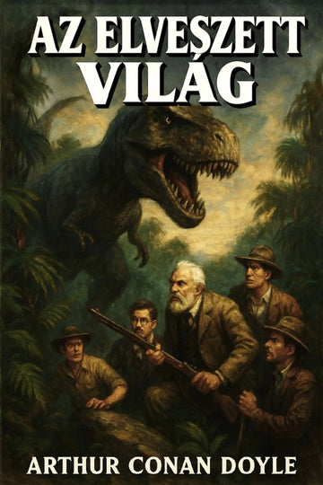 Book cover for 'Az elveszett világ' by Arthur Conan Doyle, featuring an illustration of a T-rex in a jungle with four men looking up at it.