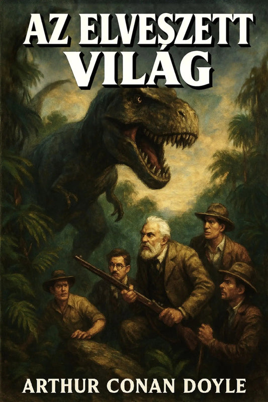 Book cover for 'Az elveszett világ' by Arthur Conan Doyle, featuring an illustration of a T-rex in a jungle with four men looking up at it.