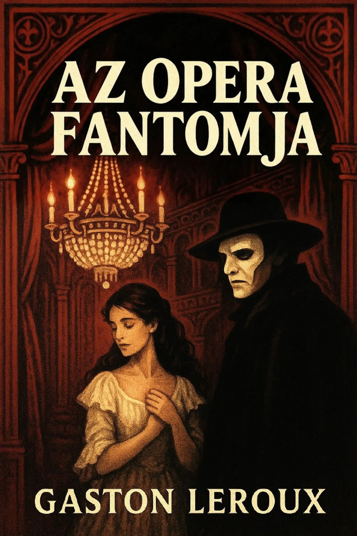 Book cover for 'Az opera fantomja' by Gaston Leroux, featuring an illustrated gothic scene with a woman in a white dress and a masked figure in a black hat and coat, under a chandelier in a red-brown interior.