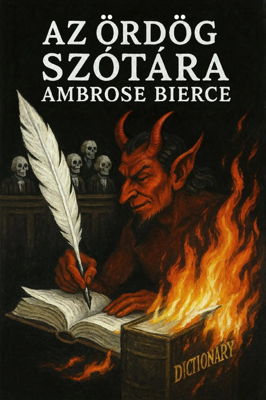 Book cover for 'Az ördög szótára' featuring a red horned demon writing in a dictionary with a large white feather quill, surrounded by flames, on a dark background.