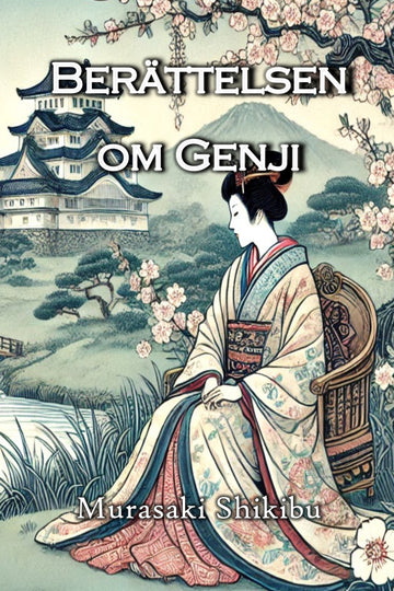 Book cover of 'Berättelsen om Genji' with a woman in traditional Japanese attire and cherry blossoms.