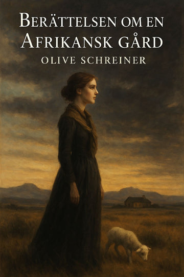 Book cover of 'Berättelsen om en afrikansk gård' by Olive Schreiner with a woman and lamb in a landscape.