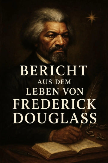 A book cover featuring a dark portrait of Frederick Douglass with large cream text reading 'Bericht aus dem Leben von Frederick Douglass' over a painting-style scene of him writing at a desk.