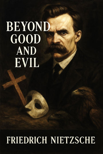 Book cover of 'Beyond Good and Evil' by Friedrich Nietzsche with a portrait and symbols.