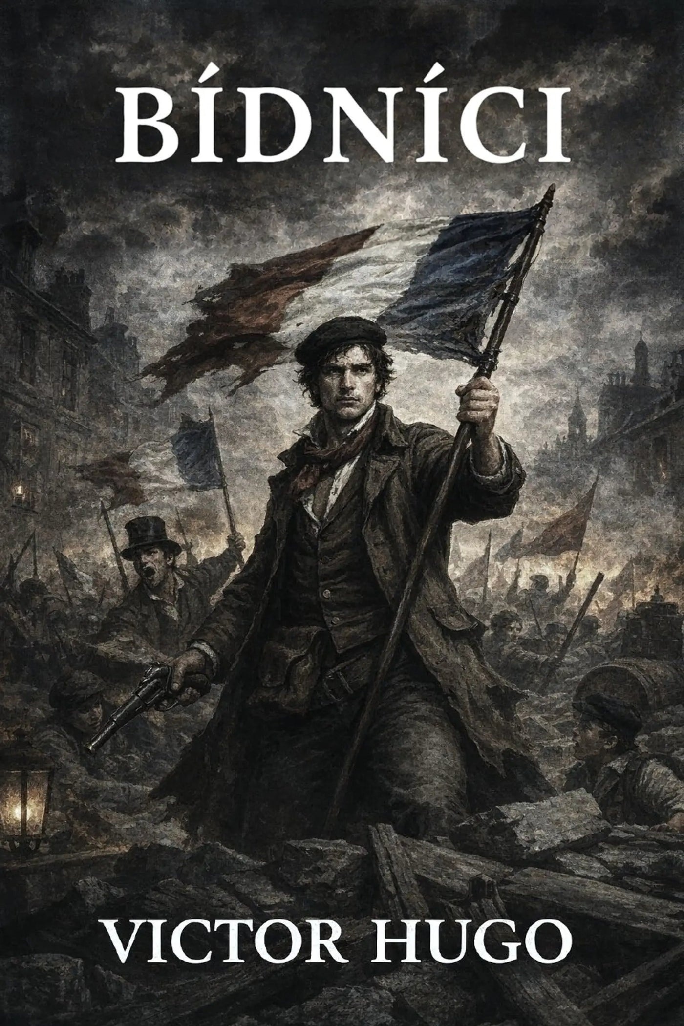 Book cover for 'Bídníci' by Victor Hugo, featuring a dark, dramatic historical illustration of a man holding a French flag in a battle scene, with the title and author name in white text.
