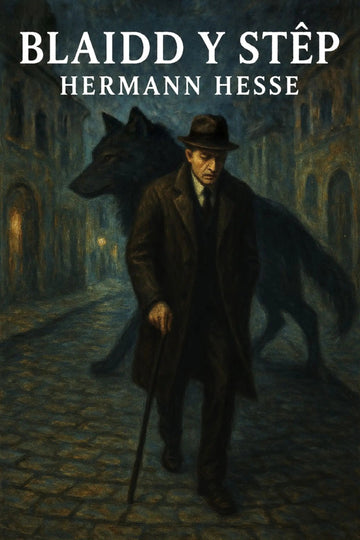 Book cover for 'Blaidd y Stêp' by Hermann Hesse, featuring a dark, moody painting of a man in a trench coat and hat walking with a cane, with a large black wolf behind him in a cobblestone street.