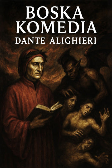 Book cover of 'Boska komedia' by Dante Alighieri with a dark, dramatic illustration.
