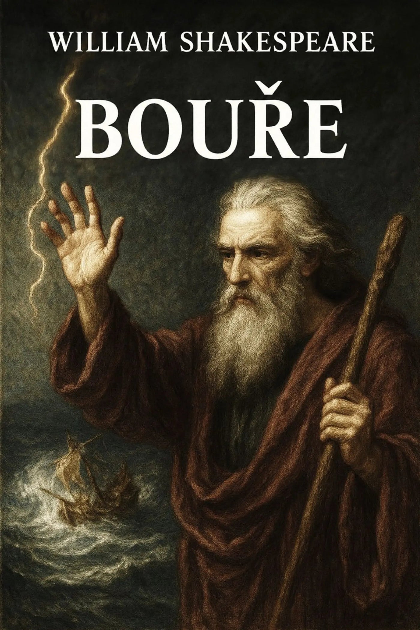 Book cover for William Shakespeare's 'Bouře' featuring a painted portrait of an elderly bearded man in a dark brown robe holding a staff, with stormy sea and lightning in the background.