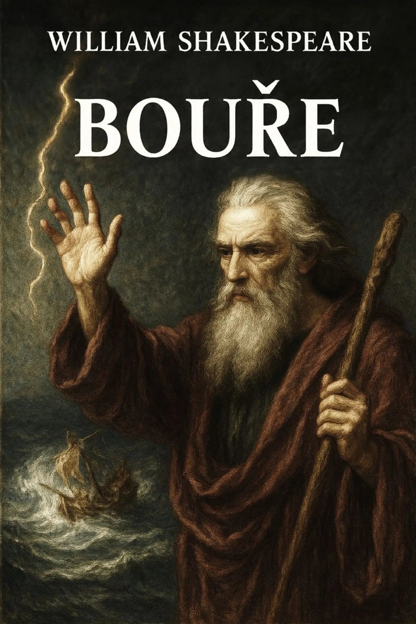 Book cover for William Shakespeare's 'Bouře' featuring a painted portrait of an elderly bearded man in a dark brown robe holding a staff, with stormy sea and lightning in the background.