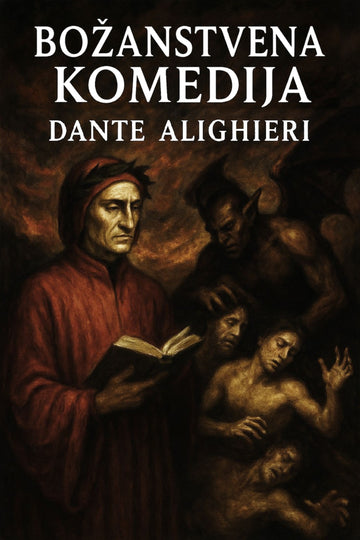 Book cover of 'Božanstvena komedija' by Dante Alighieri with a dark, dramatic illustration.