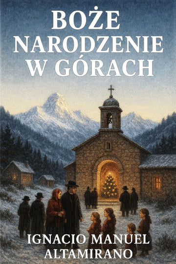 Book cover of 'Boże Narodzenie w górach' with a mountain church scene and people gathered around.