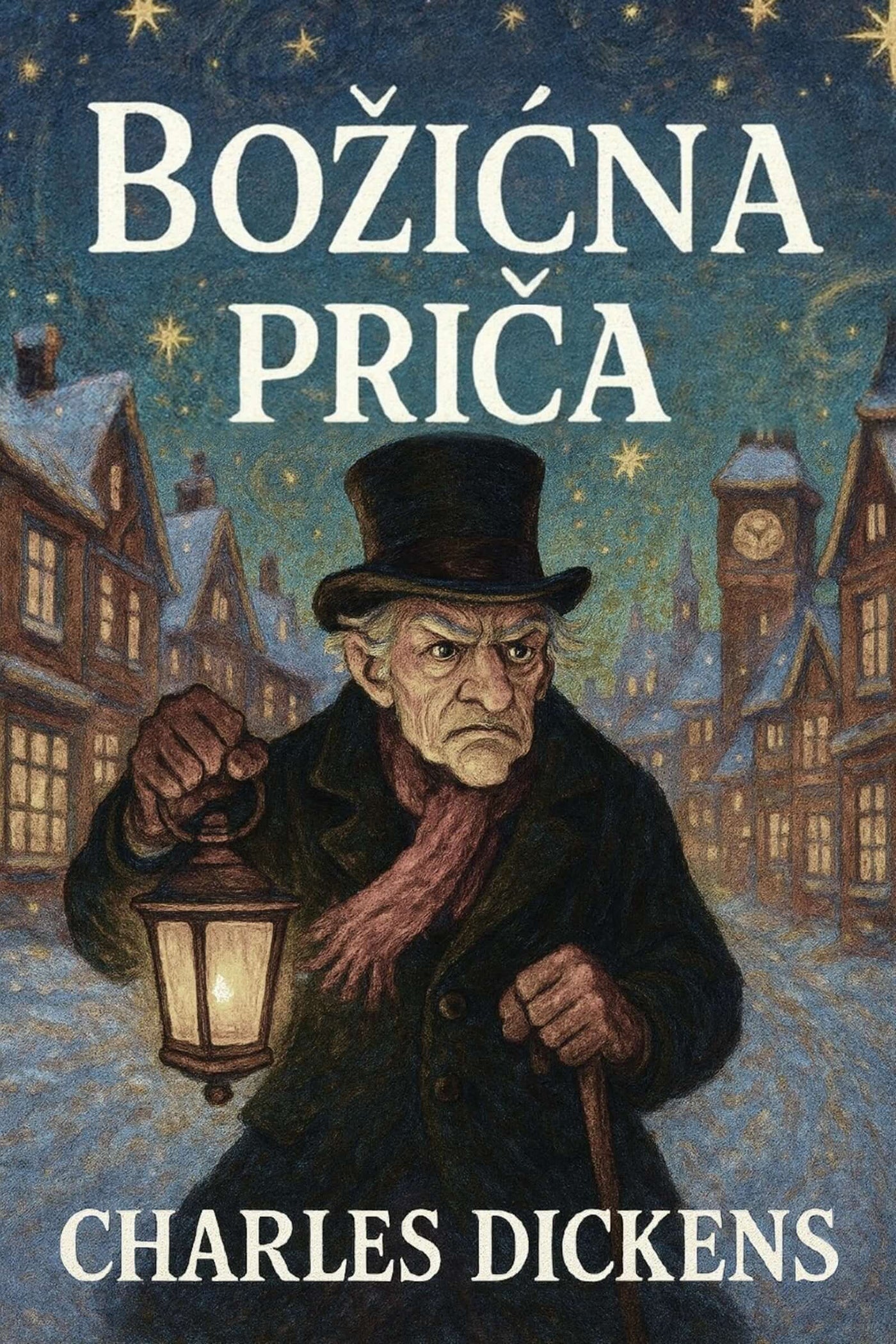Book cover of 'Božićna priča' by Charles Dickens with a man holding a lantern in a snowy village scene.
