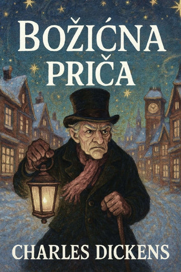 Book cover of 'Božićna priča' by Charles Dickens with a man holding a lantern in a snowy village scene.