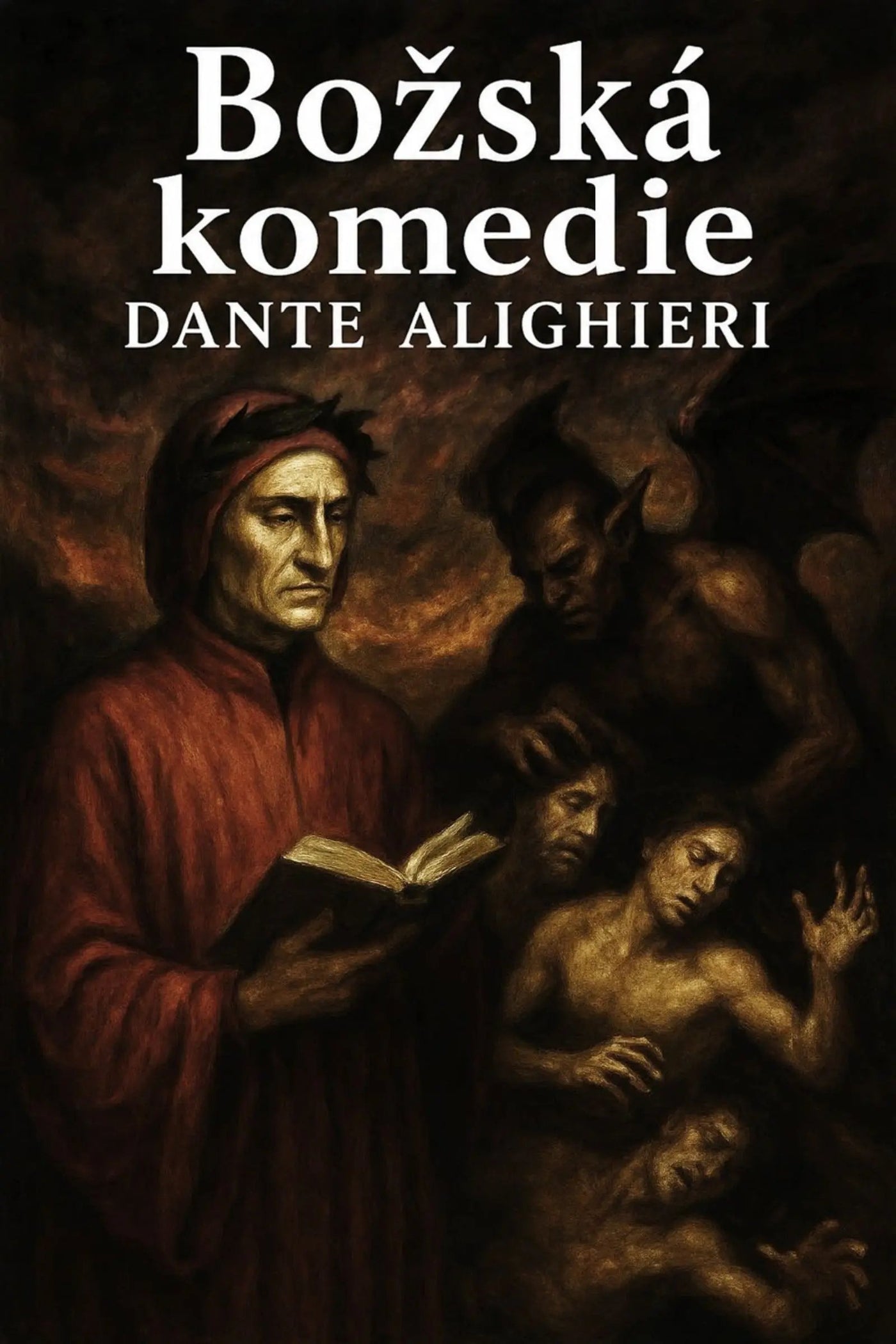 Book cover for 'Božská komedie' by Dante Alighieri, featuring a dark, classical painting of several figures, including a robed man holding an open book, with the title in large white text at the top.