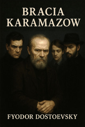 Book cover of 'Bracia Karamazow' by Fyodor Dostoevsky featuring four characters against a dark background.