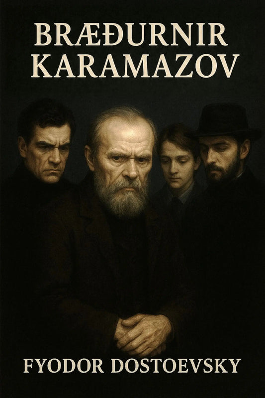 Book cover for 'Bræðurnir Karamazov' by Fyodor Dostoevsky, featuring a dark, moody portrait of four men against a black background with cream-colored title and author text.