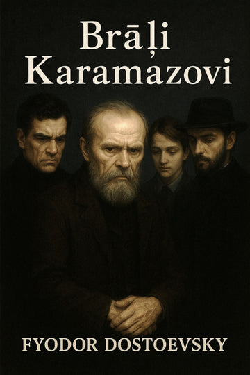 Book cover of 'Brāļi Karamazovi' by Fyodor Dostoevsky with a dark background and four characters.