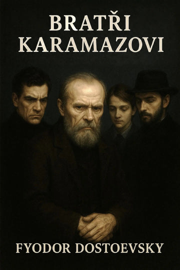 Book cover for 'Bratři Karamazovi' by Fyodor Dostáevsky, featuring a dark, moody portrait of four men against a black background with cream-colored title and author text.