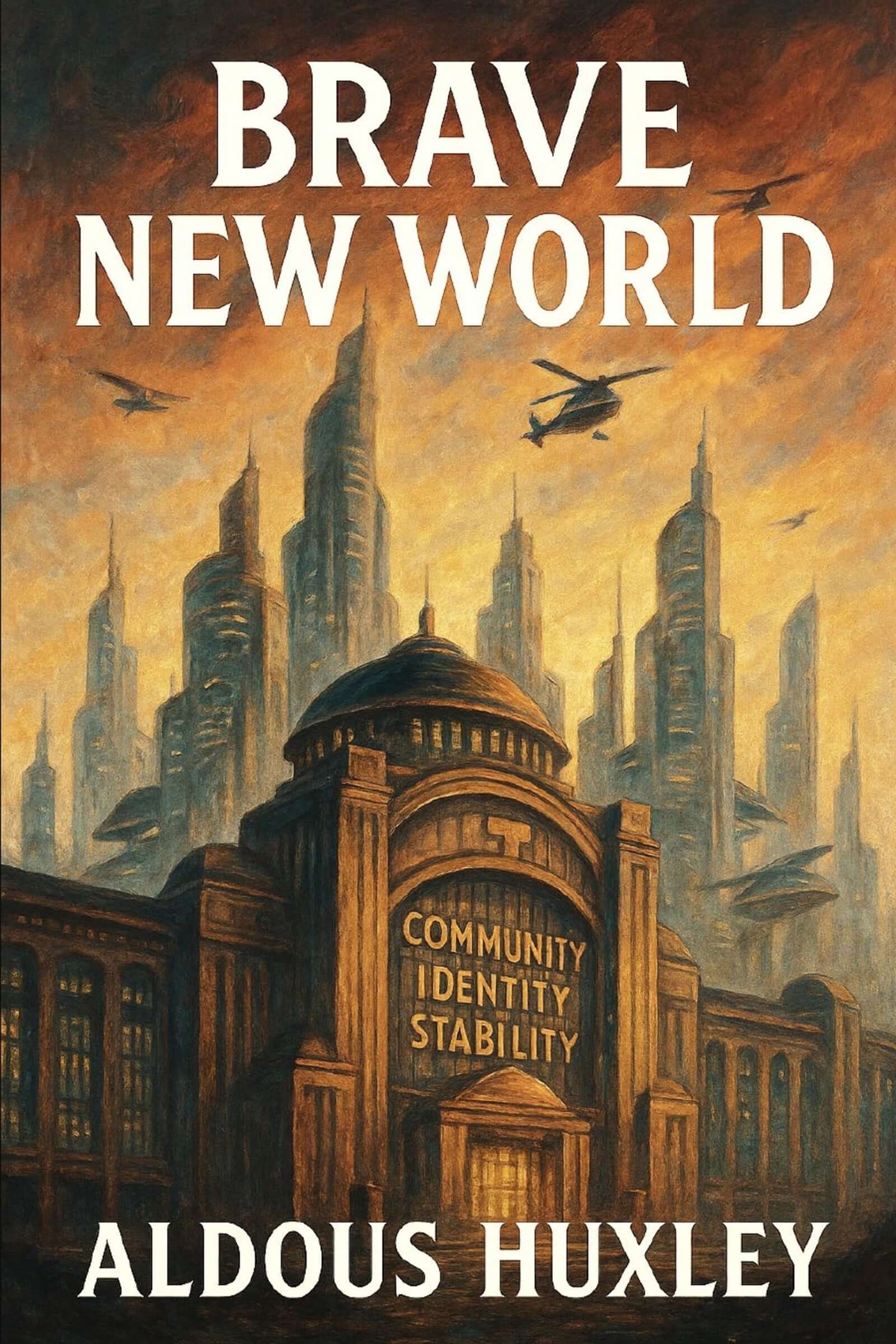 Book cover of 'Brave New World' by Aldous Huxley with a futuristic cityscape.