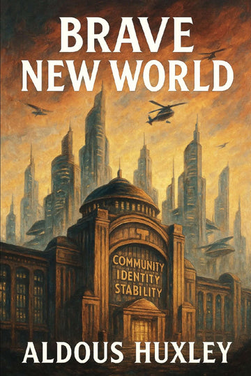 Book cover of 'Brave New World' by Aldous Huxley with a futuristic cityscape.