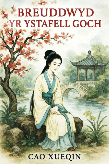 Book cover for 'Breuddwyd yr Ystafell Goch' by Cao Xueqin, featuring an illustration of a woman in traditional Chinese attire sitting by a river with cherry blossoms and a pagoda in the background.
