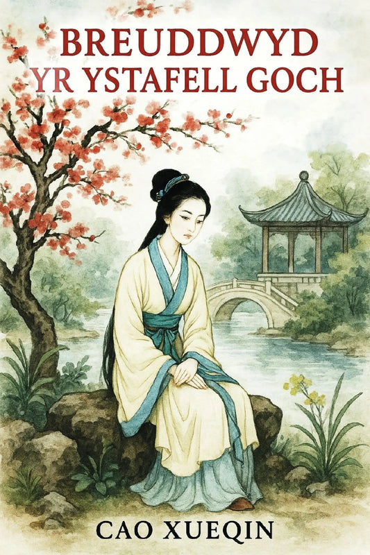 Book cover for 'Breuddwyd yr Ystafell Goch' by Cao Xueqin, featuring an illustration of a woman in traditional Chinese attire sitting by a river with cherry blossoms and a pagoda in the background.