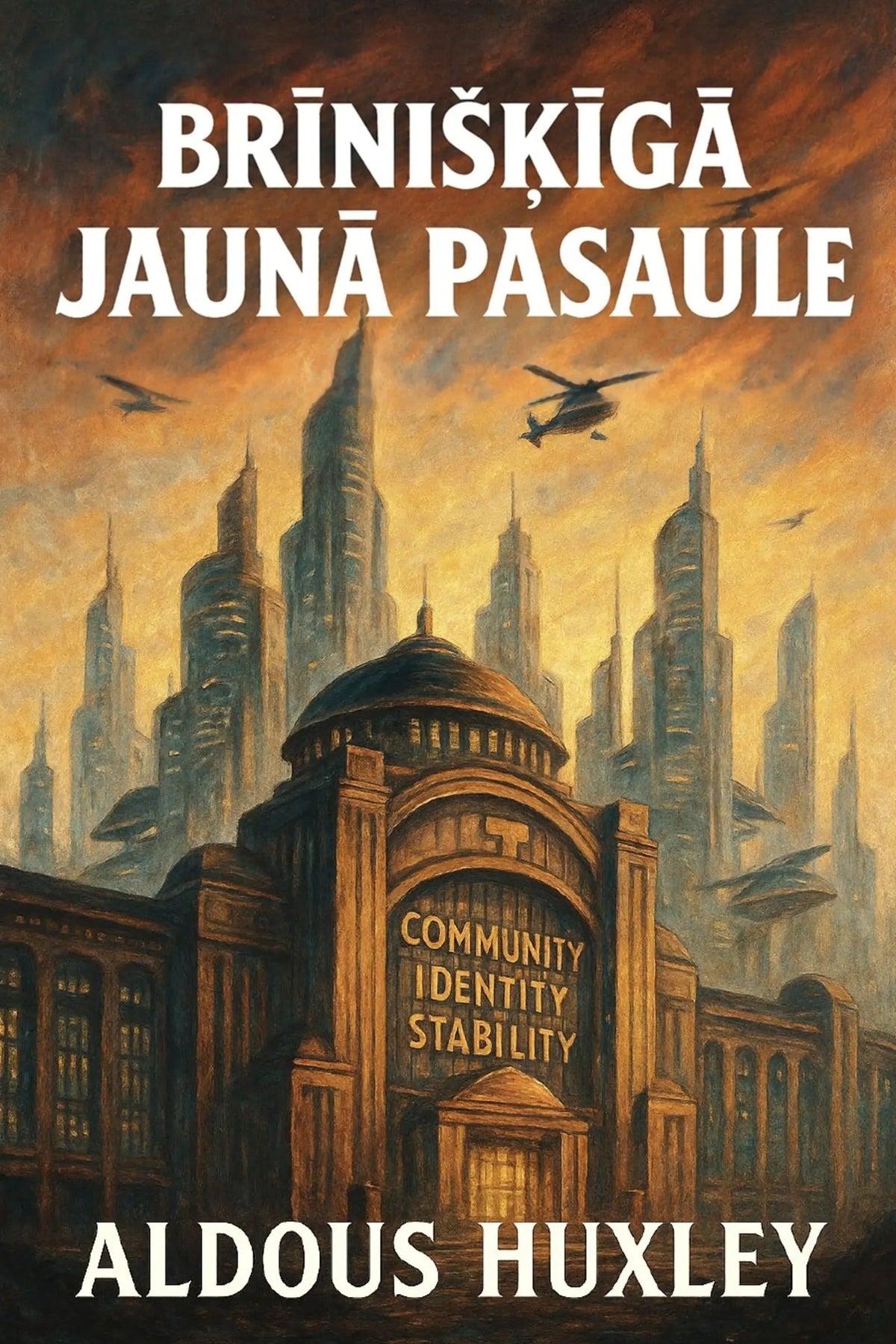 Book cover for 'Brīnišķīgā jaunā pasaule' by Aldous Huxley, featuring a dramatic sci-fi cityscape in warm golden and brown tones with flying machines and large white title and author text.