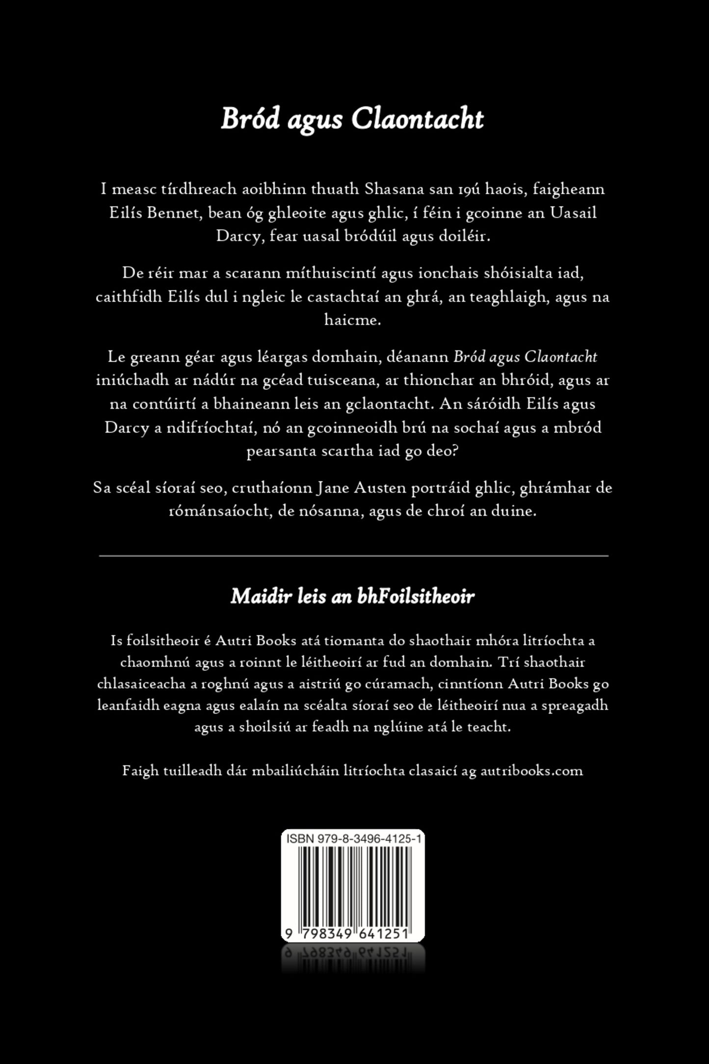 Back cover of a book with text in Irish on a black background