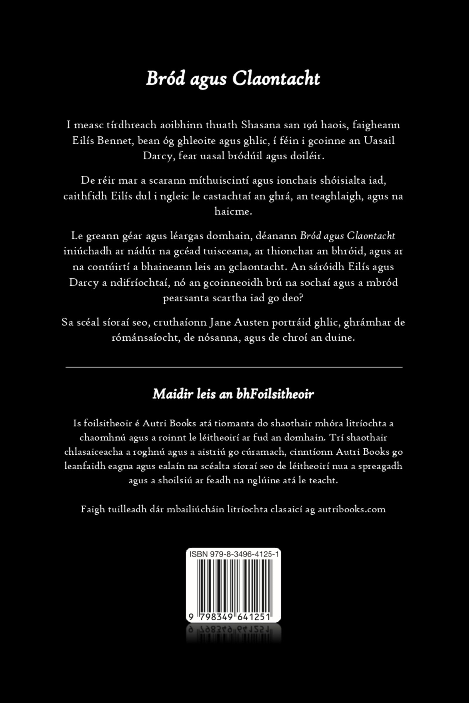 Back cover of a book with text in Irish on a black background