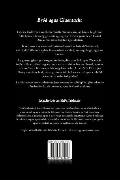 Back cover of a book with text in Irish on a black background