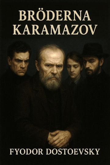 Book cover of 'Bröderna Karamazov' by Fyodor Dostoevsky with a dark background and portraits.