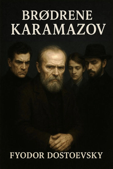 Book cover of 'Brødrene Karamazov' by Fyodor Dostoevsky featuring four characters against a dark background.