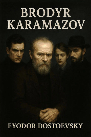 Book cover for 'Brodyr Karamazov' by Fyodor Dostoevsky, featuring a dark, moody portrait of four men in black clothing against a black background, with the title and author name in cream text.