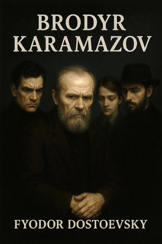 Book cover for 'Brodyr Karamazov' by Fyodor Dostoevsky, featuring a dark, moody portrait of four men in black clothing against a black background, with the title and author name in cream text.