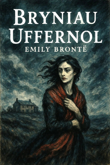 Book cover for 'Bryniau Uffernol' by Emily Brontë, featuring a dark painted scene of a woman in a red shawl standing outdoors with a house in the background under a stormy sky.