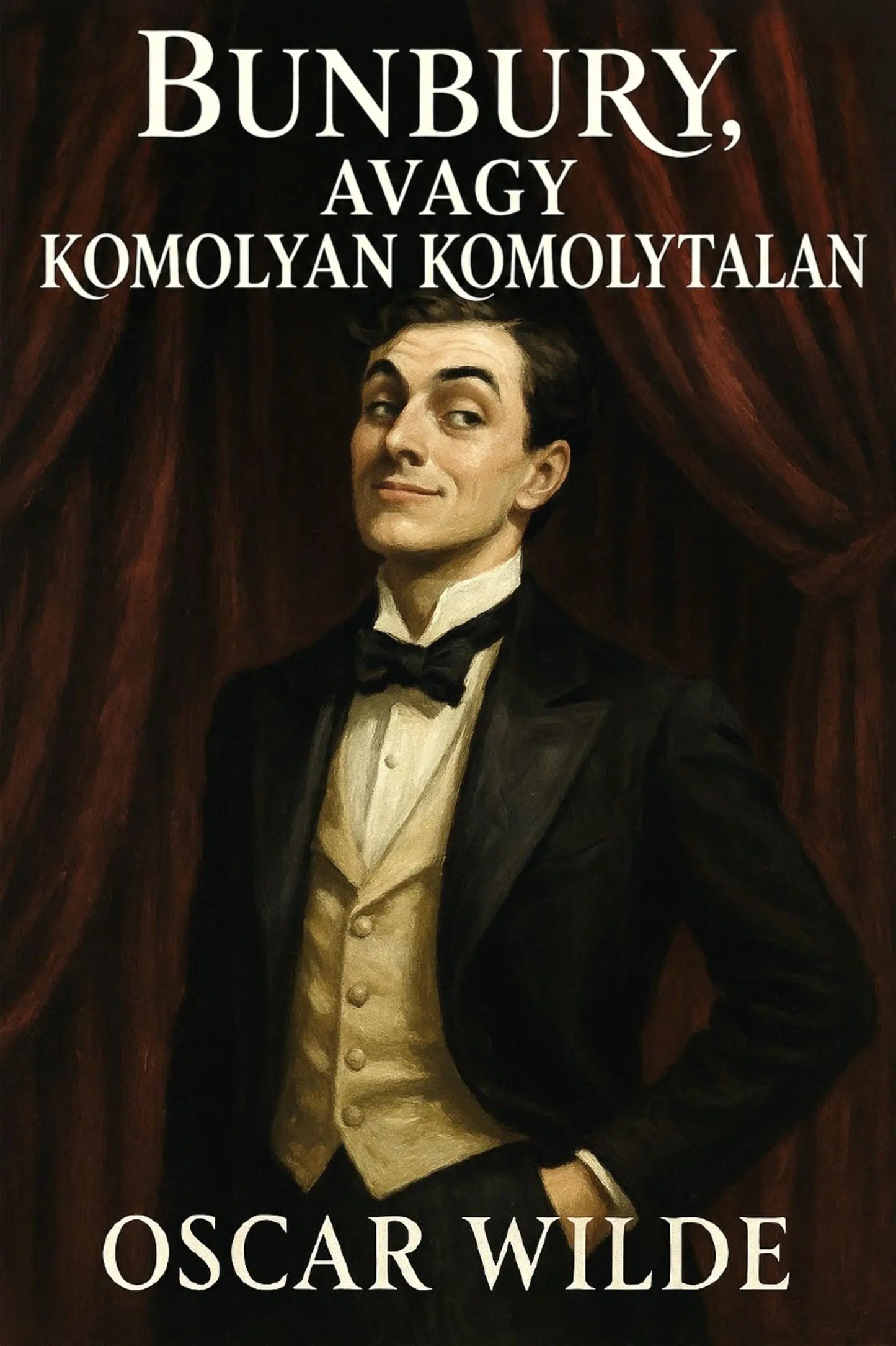 Book cover for 'Bunbury, avagy komolyan komolytalan' by Oscar Wilde, featuring a painted portrait of a man in a black tuxedo and cream vest against dark red curtains, with the title and author name in white text.