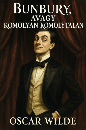 Book cover for 'Bunbury, avagy komolyan komolytalan' by Oscar Wilde, featuring a painted portrait of a man in a black tuxedo and cream vest against dark red curtains, with the title and author name in white text.