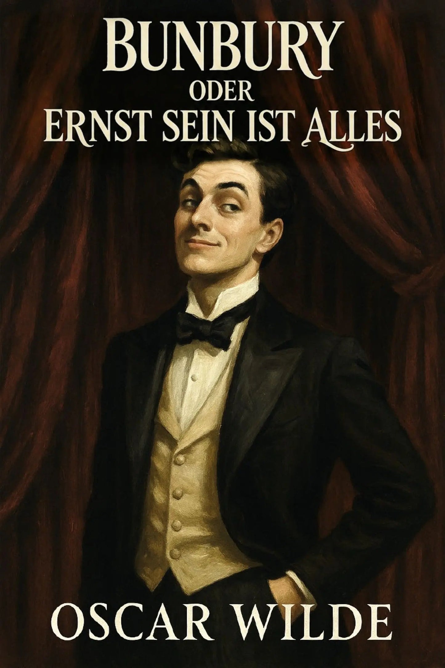 Book cover for 'Bunbury oder Ernst sein ist alles' by Oscar Wilde, featuring a portrait of a man in a black tuxedo and bow tie against dark red curtains, with the title and author name in white text.