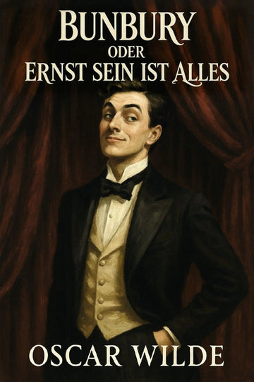 Book cover for 'Bunbury oder Ernst sein ist alles' by Oscar Wilde, featuring a portrait of a man in a black tuxedo and bow tie against dark red curtains, with the title and author name in white text.