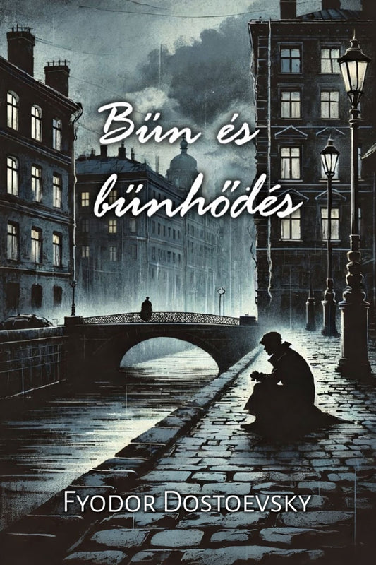 Book cover of 'Bűn és bűnhődés' by Fyodor Dostoevsky with a dark, urban scene.