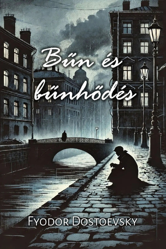 Book cover for 'Bűn és bűnhődés' by Fyodor Dostáevsky, featuring a moody night canal scene with buildings, a bridge, and a seated figure in silhouette under glowing windows and street lamps.