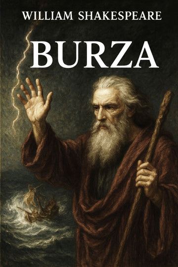 Book cover of 'Burza' by William Shakespeare with a dramatic scene and character.