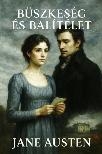 Book cover for Jane Austen's 'Büszkeség és balítélet' featuring a classical painting of a woman in a blue dress holding a letter from a man in a dark coat, with the title and author name in white text.