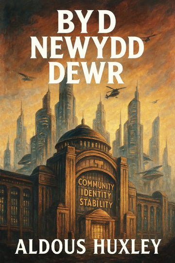 Book cover for 'Byd Newydd Dewr' by Aldous Huxley, featuring a dramatic painting of a futuristic city with tall buildings, flying vehicles, and large white title text at the top.