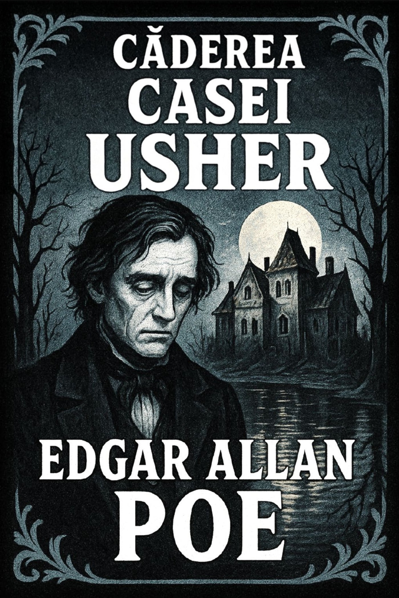Book cover of 'Căderea casei Usher' by Edgar Allan Poe with a dark, eerie landscape.