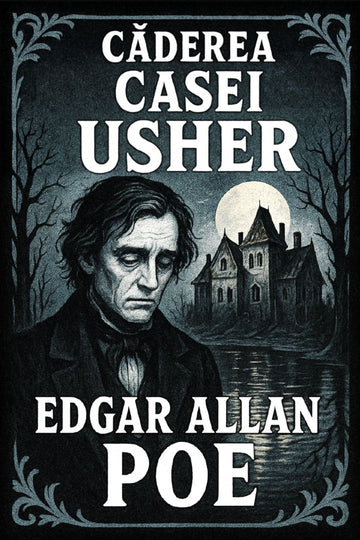 Book cover of 'Căderea casei Usher' by Edgar Allan Poe with a dark, eerie landscape.