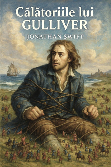 Book cover of 'Călătoriile lui Gulliver' by Jonathan Swift with a man on a beach and ships in the background.